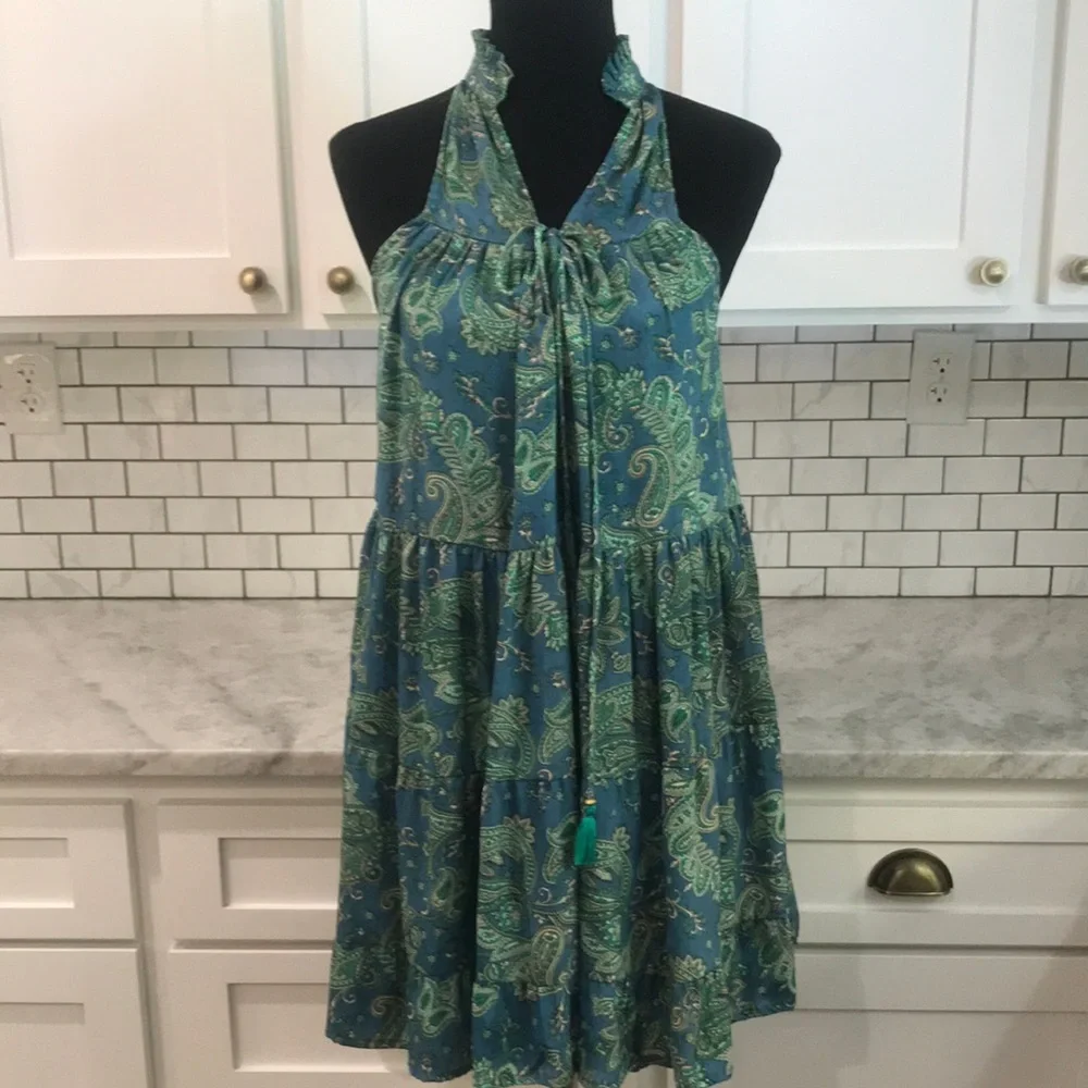 Paani Dress Womens Small Blue Green Paisley Halter Bohemian Hippie Boutique Boho